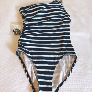 Michael Kors Striped One shoulder Swimming Suit size 6 Navy and white